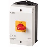 On-Off switch, P1, 25 A, surface mounting, 3 pole, Emergency switching off function, with red thumb grip and yellow front plate, UL/CSA