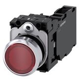 Illuminated pushbutton, 22 mm, round, metal, shiny, red, pushbutton, flat, momentary contact type, with holder, 1 NO+1 NC, LED  3SU1152-0AB20-1FA0-Z Y13