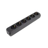 6 way socket outlet black, without any cable fixable on the wall, includes screws and covers for the screws packed in polybag with label