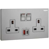 Galion - 2 gangs single pole switched socket outlets - with USB A+C 27W charger - Dark Silver