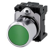 Pushbutton, compact, with extended stroke (12 mm), 22 mm, round, Metal, green, pushbutton, flat, momentary contact type,  3SU1250-0EB40-0AA0-Z Y19