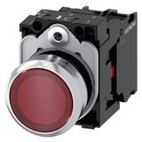 Illuminated pushbutton, 22 mm, round, metal, shiny, red, pushbutton, flat, momentary contact type, with holder, 1NC, LED module with integrated  3SU1153-0AB20-1CA0-Z Y15