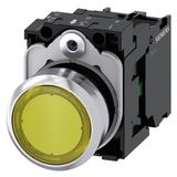 Illuminated pushbutton, 22 mm, round, metal, shiny, yellow, pushbutton, flat, momentary contact type, with holder, 1NO, LED module with  3SU1153-0AB30-1BA0-Z Y15