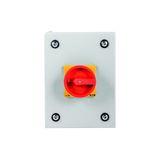 Main switch, P1, 32 A, surface mounting, 3 pole + N, Emergency switching off function, With red rotary handle and yellow locking ring, Lockable in the