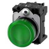 Indicator lights, 22 mm, round, plastic, green, lens, smooth, with holder, LED module,  3SU1106-6AA40-1AA0-Z Y12