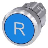 Pushbutton, 22 mm, round, metal, shiny, blue, inscription: R, pushbutton, flat momentary contact type, Z=100-unit packaging