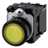 Illuminated pushbutton, 22 mm, round, plastic, yellow, pushbutton, flat, momentary contact type, with holder, 1NO, LED module with integrated  3SU1102-0AB30-1BA0-Z Y15