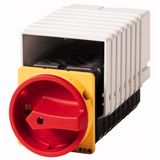 Main switch, T5B, 63 A, flush mounting, 8 contact unit(s), 15-pole, Emergency switching off function, With red rotary handle and yellow locking ring