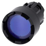 Illuminated pushbutton, 22 mm, round, plastic, blue, Front ring, raised, castellated, momentary contact type, with laser labeling, inscription or symbol Customer-specific selection with