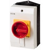 Safety switch, P1, 25 A, 3 pole, Emergency switching off function, With red rotary handle and yellow locking ring, Lockable in position 0 with cover i