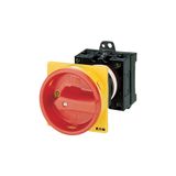 Main switch, T0, 20 A, rear mounting, 2 contact unit(s), 3 pole, 1 N/C, Emergency switching off function, With red rotary handle and yellow locking ri