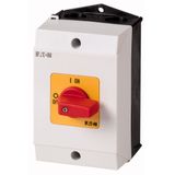 On-Off switch, T0, 20 A, surface mounting, 1 contact unit(s), 2 pole, Emergency switching off function, with red thumb grip and yellow front plate