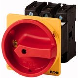 Main switch, P3, 63 A, rear mounting, 3 pole + N, 1 N/O, 1 N/C, Emergency switching off function, With red rotary handle and yellow locking ring, Lock