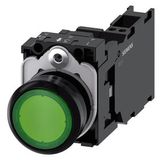 Illuminated pushbutton, 22 mm, round, plastic, green, pushbutton, flat, momentary contact type, with holder, 1 NO+1 NC, LED module with integrated  3SU1106-0AB40-3FA0-Z Y15