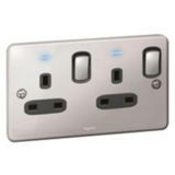 Synergy™ Authentic - 2 gang switched double pole BS socket outlet 13A + blue led power indicator - Polished Stainless steel