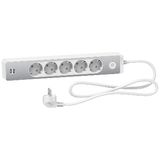 Unica extend - Schuko trailing lead - 5 gangs - with USB port - aluminium/white