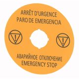 Emergency stop label, 90 mm, in four languages