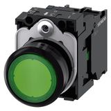 Illuminated pushbutton, 22 mm, round, plastic, green, pushbutton, flat, momentary contact type, with holder, 1NO, LED module with integrated  3SU1102-0AB40-1BA0-Z Y19