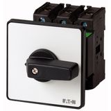 On-Off switch, P3, 63 A, rear mounting, 3 pole, 2 N/O, 2 N/C, with black thumb grip and front plate