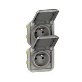 Double pre-wired power socket 2x2P+E horizontal waterproof Plexo 16A 250V IP55 2 positions with gray finish bezels