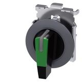 Selector switch, illuminable, 30 mm, round, Metal, matte, green, selector switch, long, front ring for flush installation, 3 switch positions I>O