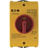 Main switch, 25 A, surface mounting, 3 pole + N, Emergency switching off function, With red rotary handle and yellow locking ring, Lockable in the 0 (