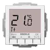 Concealed thermostat as room controller, RAL9016 glossy 55x55, AC 230V, 10 A relay output 1 NO contact, white backlighting