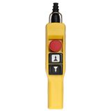 Harmony XAC, Pendant control station, plastic, yellow, pistol grip, 2 booted push buttons with2 NO, 1 emergency stop NC