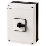 On-Off switch, T5, 100 A, surface mounting, 4 contact unit(s), 6 pole, 1 N/O, 1 N/C, with black thumb grip and front plate