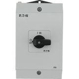 On-Off switch, P1, 40 A, surface mounting, 3 pole, 1 N/O, 1 N/C, with black thumb grip and front plate, hard knockout version