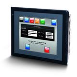 Touch screen HMI, 10.4 inch, TFT, 256 colors (32,768 colors for .BMP/.JPG), 640x480 pixels, 2 x RS-232C ports, Ethernet (10/100 Base-T), 24 VDC, 60MByte memory, 24 VDC, black case NS100012M