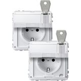 SCHUKO socket, hinged lid, label, lockable, 2 identical closures, BRS, StK, polar white, AQUADESIGN