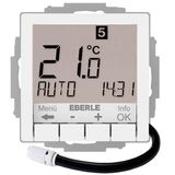 Concealed clock thermostat for controlling electrical temperature control systems, RAL9016 glossy 55x55, AC 230V, 1 NO contact 16 A, white backlighting