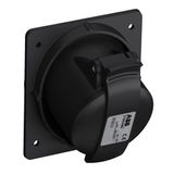 Black Socket-outlet, panel mounting, earthing sleeve position 6h, rated current 16A, IP44 splashproof, minimized flange, angled, 3-poles+earth, frequency 50-60 Hz, color code Red