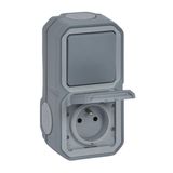 Plexo waterproof power socket and two-way switch for vertical installation delivered complete for surface mounting gray