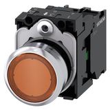 Illuminated pushbutton, 22 mm, round, metal, shiny, amber, pushbutton, flat, momentary contact type, with holder, 1NO, LED module with integrated  3SU1153-0AB00-1BA0-Z Y19