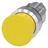 Mushroom pushbutton, 22 mm, round, metal, shiny, yellow, 30 mm, momentary contact type, with laser labeling, inscription or symbol Customer-specific selection with SIRIUS