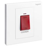 Galion - 1 gang double pole 45A switch with cooker marking, red indicator and red rocker - White