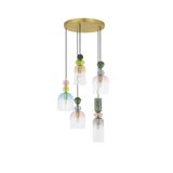 Sandy Gold Metal  Glossy Dark Green, Blue Grey Pink,  Glossy Light Green,   Orange & Light Grey Glass & Blue  LED E14 5x5 Watt 230 Volt  IP20 Bulb Excluded  D: 51.7 H: 120 cm Adjustable height