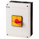 On-Off switch, P3, 100 A, surface mounting, 3 pole + N, Emergency switching off function, with red thumb grip and yellow front plate