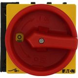 Main switch, P1, 40 A, flush mounting, 3 pole + N, Emergency switching off function, With red rotary handle and yellow locking ring, Lockable in the 0