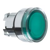 Harmony XB4, Illuminated push button head, metal, flush, green, Ø22, spring return, plain lens for BA9s bulb