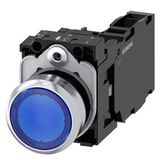 Illuminated pushbutton, 22 mm, round, metal, shiny, blue, pushbutton, flat, momentary contact type, with holder, 1 NO+1 NC, LED module with integrated  3SU1153-0AB50-1FA0-Z Y19