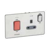 Sinergy Sleek 2gang double pole switch 45A + BS 13A switched socket outlet cooker marking Brushed Stainless steel