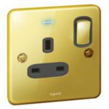 Synergy™ Authentic - 1 gang switched single pole BS socket outlet 13A + blue led power indicator Glossy gold