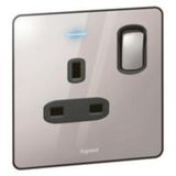 Synergy™ Sleek - 1 gang switched double pole socket outlet 13A + blue led power indicator - Polished Stainless steel