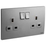 Mallia Senses - 2 gang BS switched socket outlet single pole - 13A - with 2 earth connection - Dark Silver