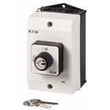 ON-OFF switches, T0, 20 A, surface mounting, 2 pole, with black thumb grip and front plate, Key operated lock mechanism S-T0