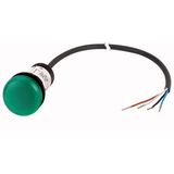 Indicator light, Flat, Cable (black) with non-terminated end, 4 pole, 1 m, Lens green, LED green, 24 V AC/DC