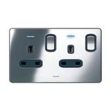 Synergy Sleek 2 gang switched single pole BS socket outlet 13A + blue led power indicator Polished Stainless steel